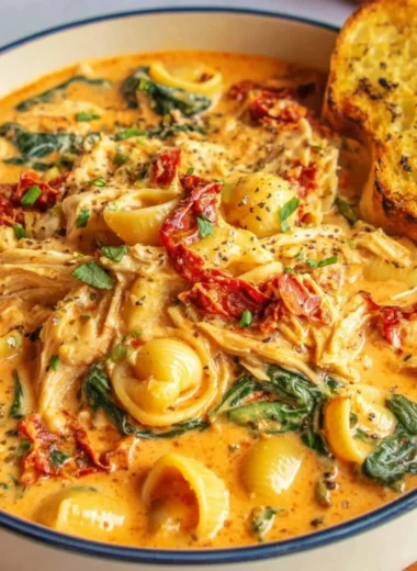 Bowl of Marry Me Tuscan Chicken Soup with fresh ingredients and herbs