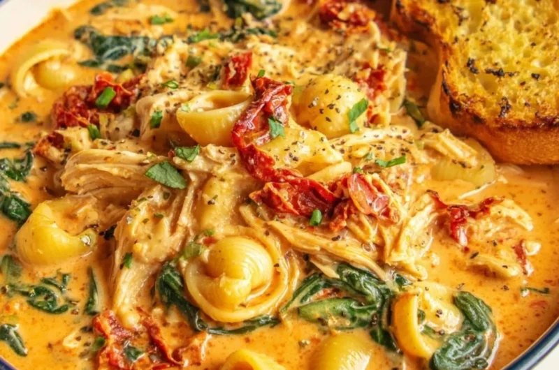 Bowl of Marry Me Tuscan Chicken Soup with fresh ingredients and herbs