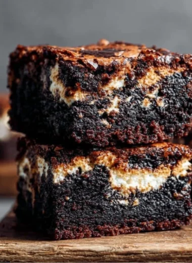 Delicious marshmallow brownies topped with fluffy marshmallow and drizzled with chocolate