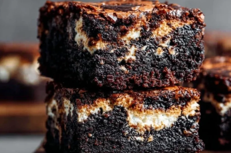 Delicious marshmallow brownies topped with fluffy marshmallow and drizzled with chocolate