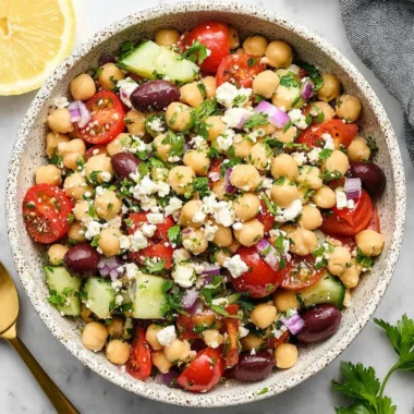 A vibrant Mediterranean Chickpea Salad with chickpeas, tomatoes, cucumber, and olives.