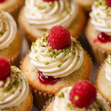 Moist lemon cupcakes with raspberry filling on a cake stand.