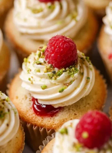 Moist lemon cupcakes with raspberry filling on a cake stand.