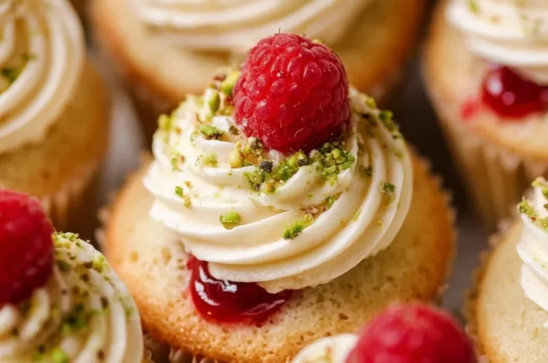 Moist lemon cupcakes with raspberry filling on a cake stand.