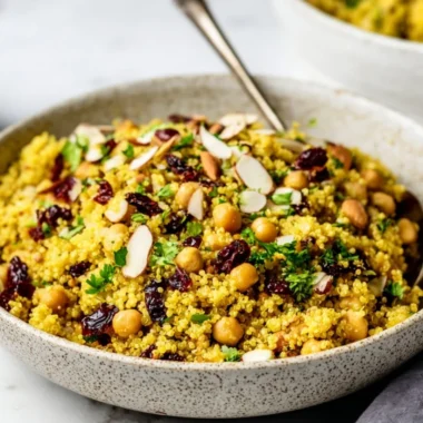 Moroccan-inspired chickpea quinoa salad with fresh vegetables and spices
