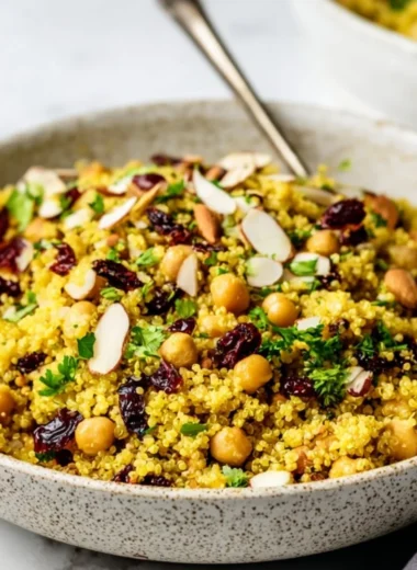 Moroccan-inspired chickpea quinoa salad with fresh vegetables and spices