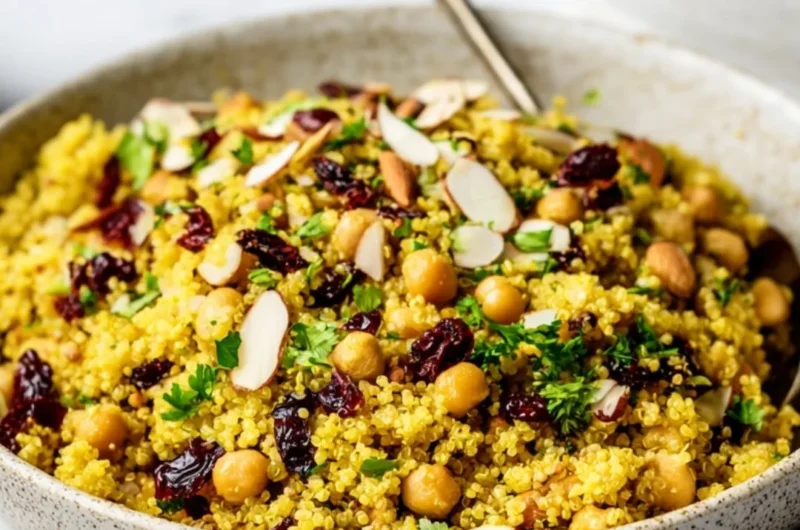 Moroccan-inspired chickpea quinoa salad with fresh vegetables and spices