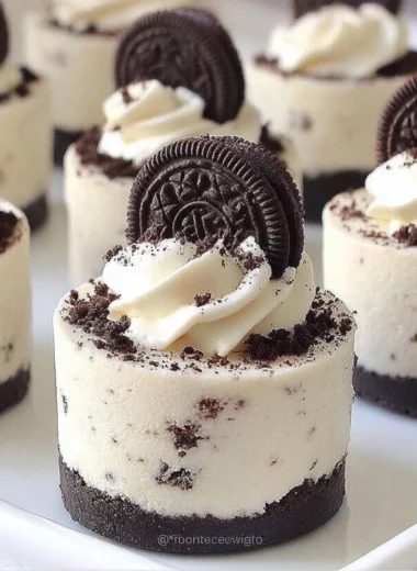 Delicious no-bake Oreo cheesecakes topped with Oreo cookie crumbles