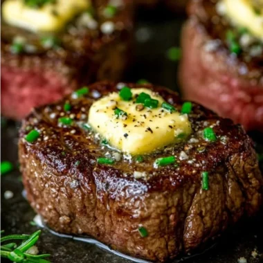 Pan seared steak topped with garlic butter on a plate