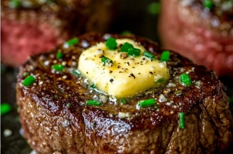 Pan seared steak topped with garlic butter on a plate