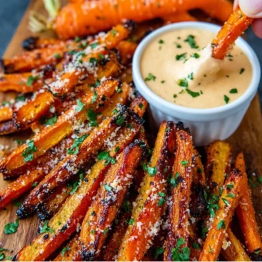 Crispy Parmesan roasted carrots fries on a plate garnished with herbs