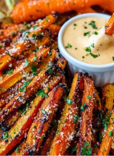 Crispy Parmesan roasted carrots fries on a plate garnished with herbs