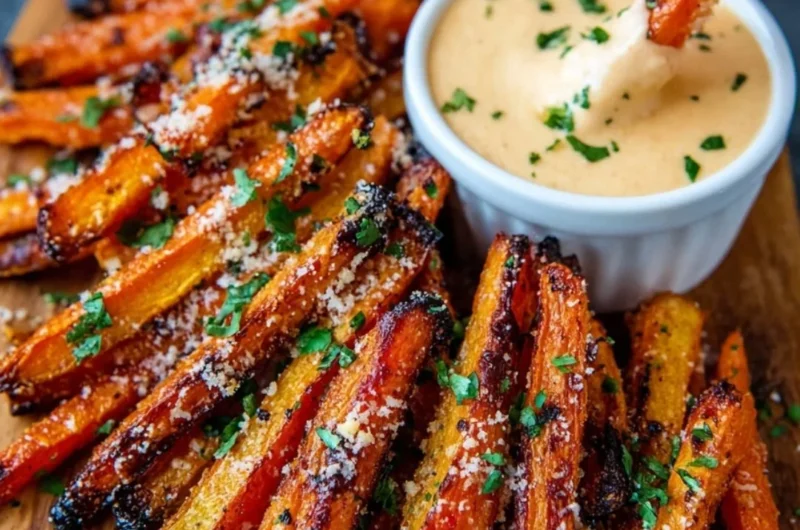 Crispy Parmesan roasted carrots fries on a plate garnished with herbs