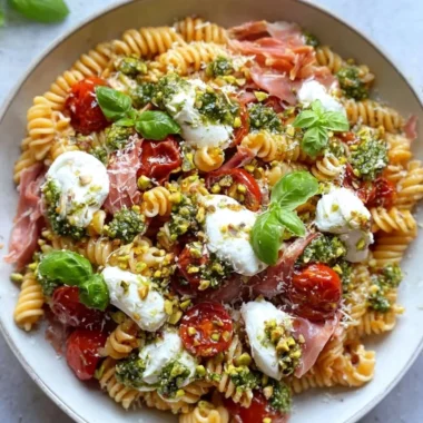 Colorful Radiatori Pasta Salad with fresh vegetables and dressing.