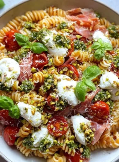 Colorful Radiatori Pasta Salad with fresh vegetables and dressing.