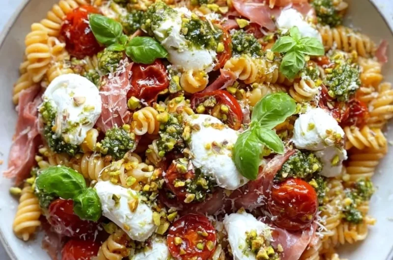 Colorful Radiatori Pasta Salad with fresh vegetables and dressing.