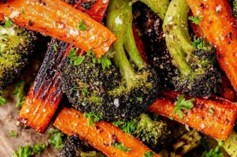 A vibrant bowl of roasted broccoli and carrots garnished with herbs