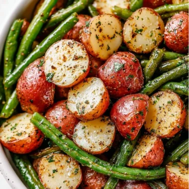Delicious roasted potatoes and green beans served in a bowl