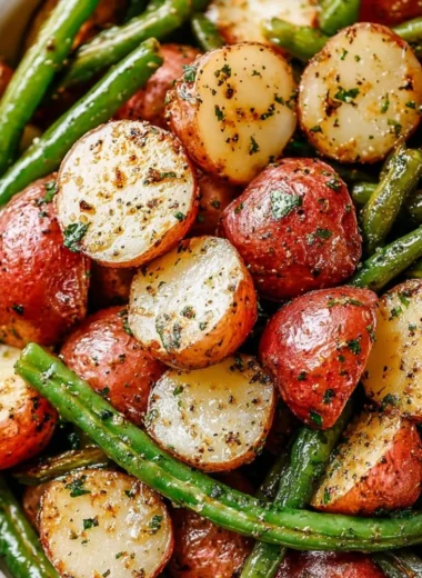 Delicious roasted potatoes and green beans served in a bowl