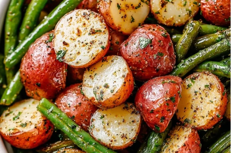 Delicious roasted potatoes and green beans served in a bowl