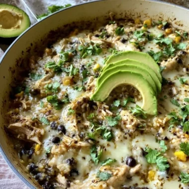 Salsa Verde Chicken and Rice Skillet in a pan, garnished with cilantro and lime