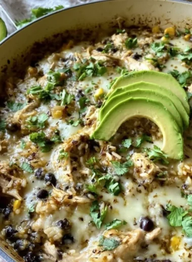 Salsa Verde Chicken and Rice Skillet in a pan, garnished with cilantro and lime