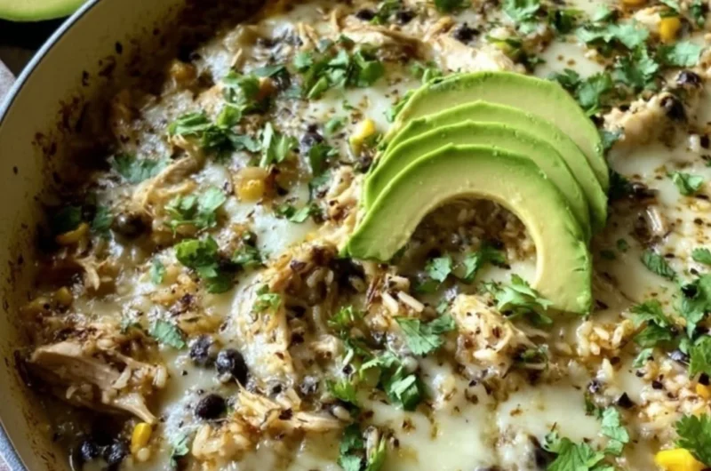 Salsa Verde Chicken and Rice Skillet in a pan, garnished with cilantro and lime
