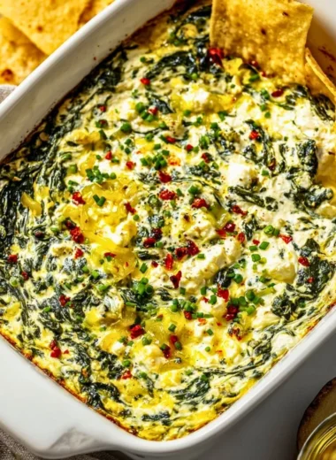 Spinach and Pepperoncini Baked Feta Dip served in a bowl with crackers