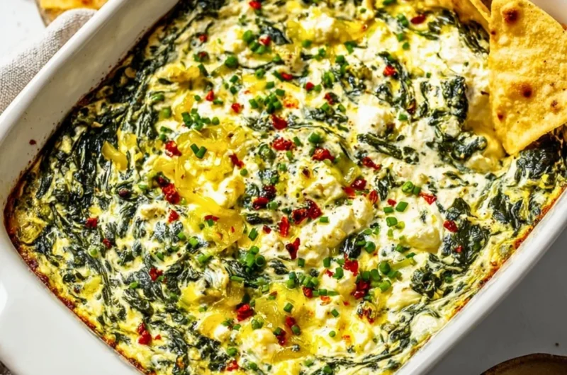 Spinach and Pepperoncini Baked Feta Dip served in a bowl with crackers