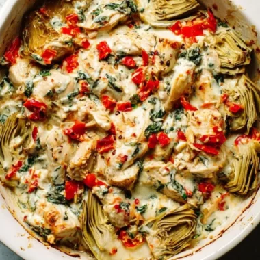 Delicious Spinach Artichoke Chicken Casserole Bake topped with cheese and herbs.