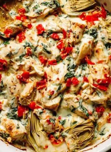 Delicious Spinach Artichoke Chicken Casserole Bake topped with cheese and herbs.