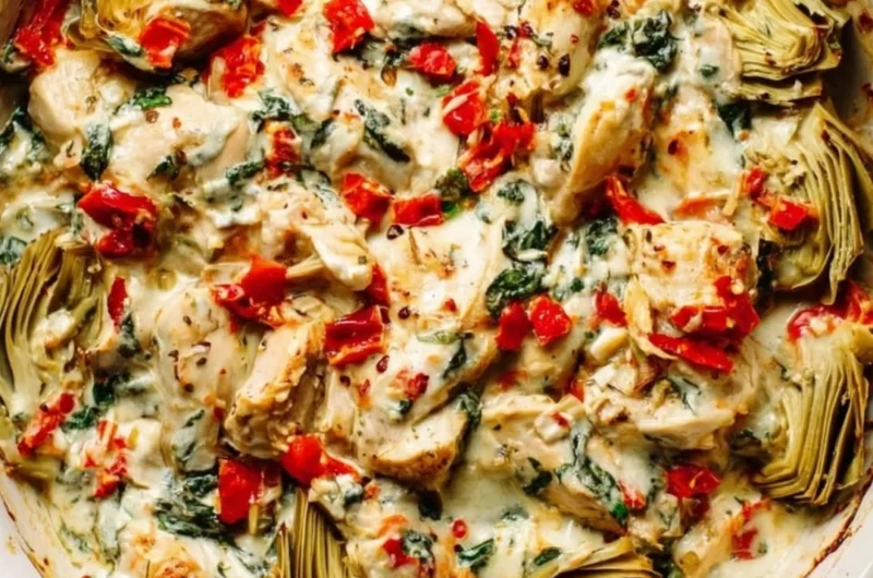 Delicious Spinach Artichoke Chicken Casserole Bake topped with cheese and herbs.