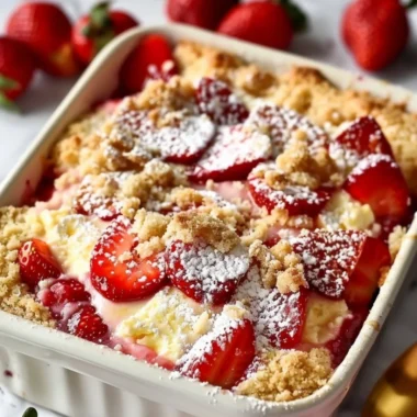 Delicious strawberry cheesecake dump cake served with fresh strawberries.