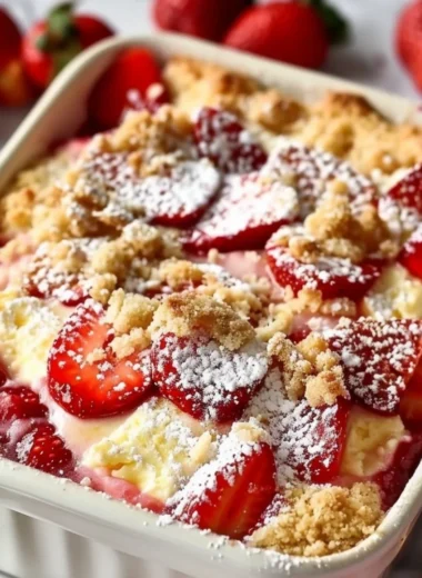 Delicious strawberry cheesecake dump cake served with fresh strawberries.