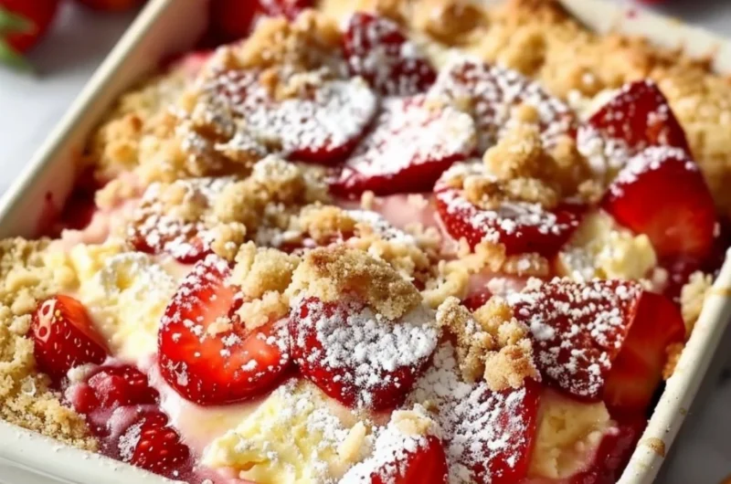 Delicious strawberry cheesecake dump cake served with fresh strawberries.