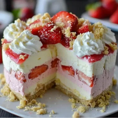 Delicious Strawberry Crunch Cheesecake with strawberry topping and crunchy crust.