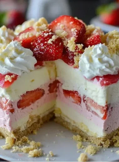 Delicious Strawberry Crunch Cheesecake with strawberry topping and crunchy crust.