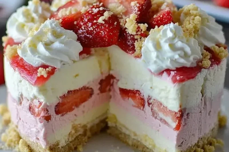 Delicious Strawberry Crunch Cheesecake with strawberry topping and crunchy crust.