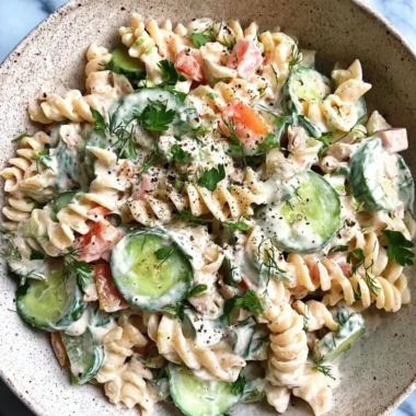 Bowl of Tzatziki Pasta Salad with fresh herbs and vegetables