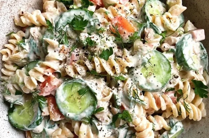 Bowl of Tzatziki Pasta Salad with fresh herbs and vegetables