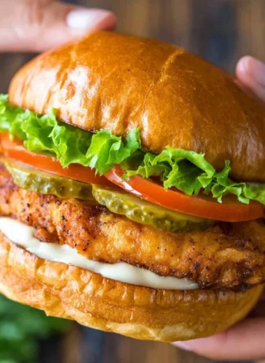 Delicious crispy chicken sandwich with lettuce and sauce on a bun