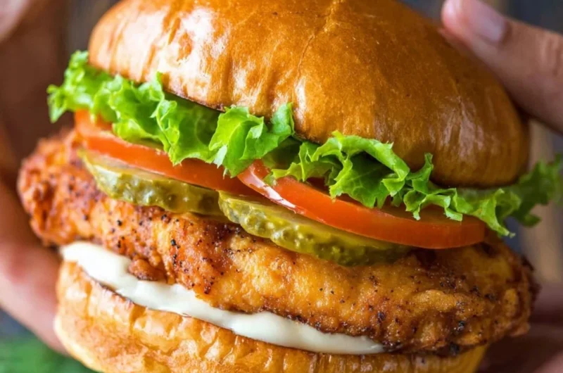 Delicious crispy chicken sandwich with lettuce and sauce on a bun
