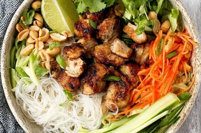 Vietnamese noodle bowl featuring lemongrass chicken and vibrant vegetables