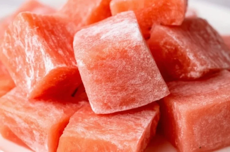 Delicious watermelon mochi with vibrant pink filling and white rice exterior.